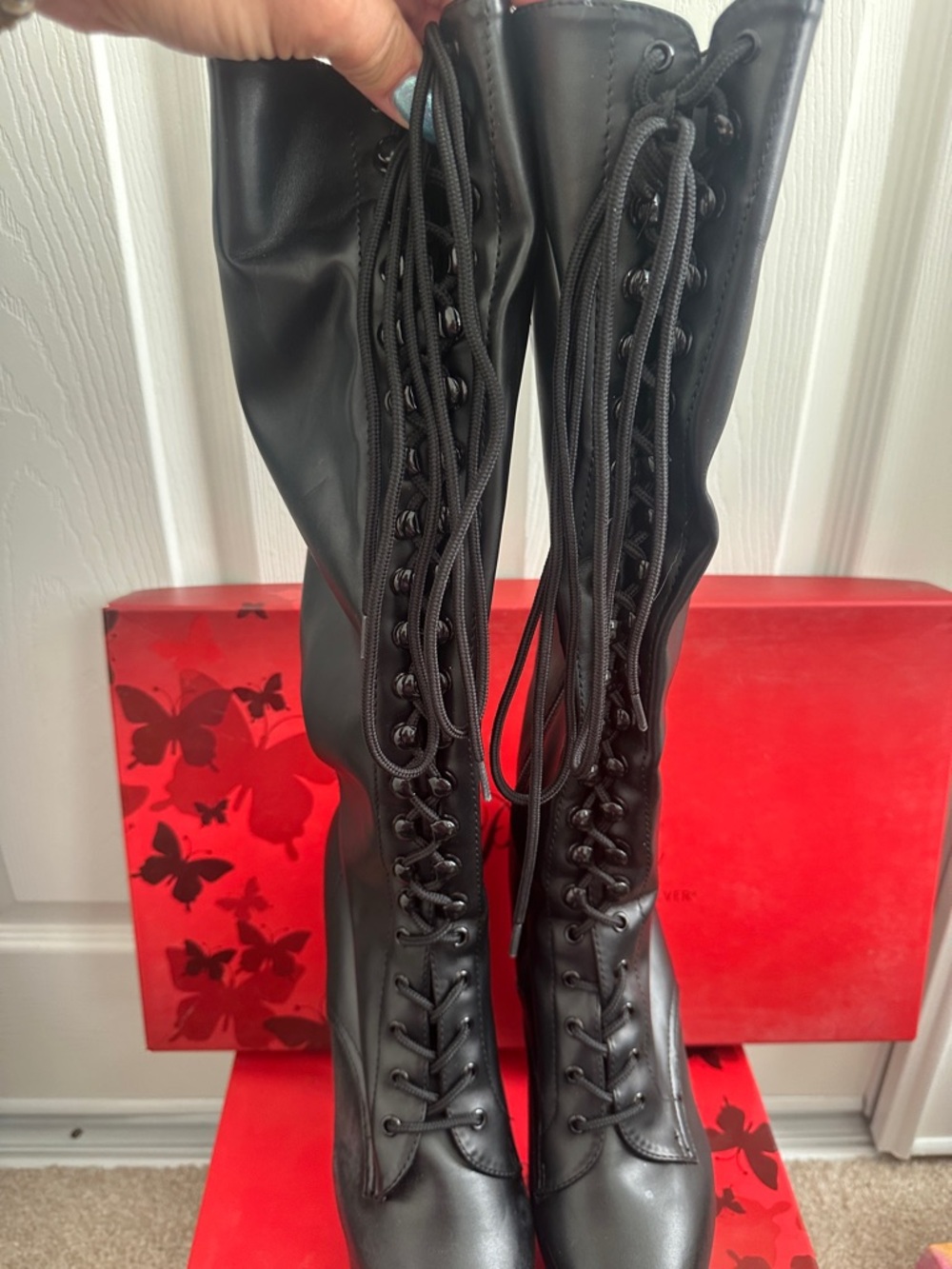 Pleaser Black Lace-Up Knee-High Boots